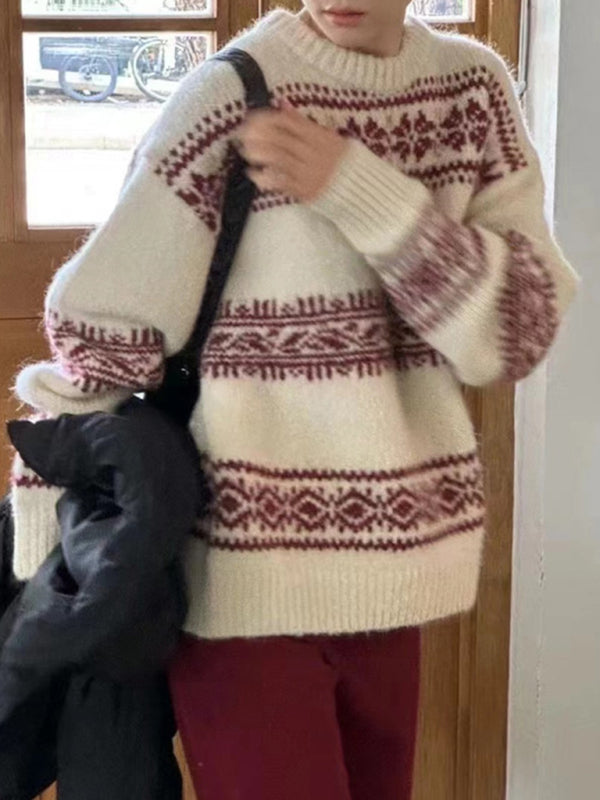 Sorelli | Women's Fair Isle Jumper Relaxed Fit Long Sleeve Patterned Nordic Cosy Knit Pullover-Women's Sweater-Red-S-Camoufit