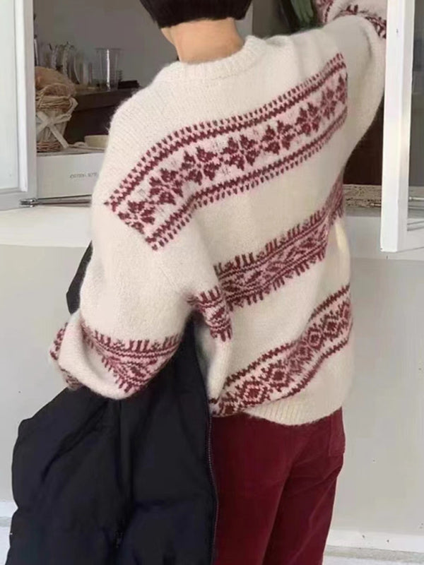 Sorelli | Women's Fair Isle Jumper Relaxed Fit Long Sleeve Patterned Nordic Cosy Knit Pullover-Women's Sweater-Red-S-Camoufit