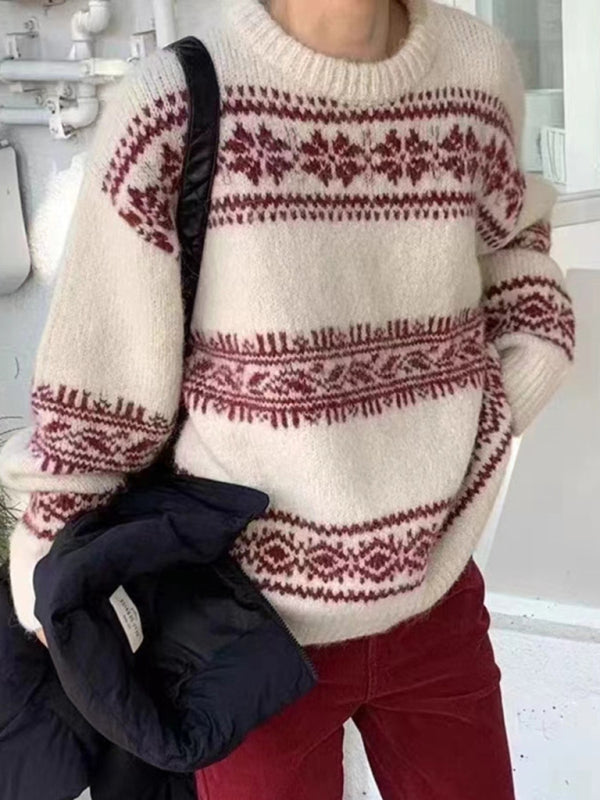 Sorelli | Women's Fair Isle Jumper Relaxed Fit Long Sleeve Patterned Nordic Cosy Knit Pullover-Women's Sweater-White-S-Camoufit