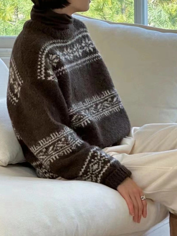 Sorelli | Women's Fair Isle Jumper Relaxed Fit Long Sleeve Patterned Nordic Cosy Knit Pullover-Women's Sweater-Coffee-S-Camoufit