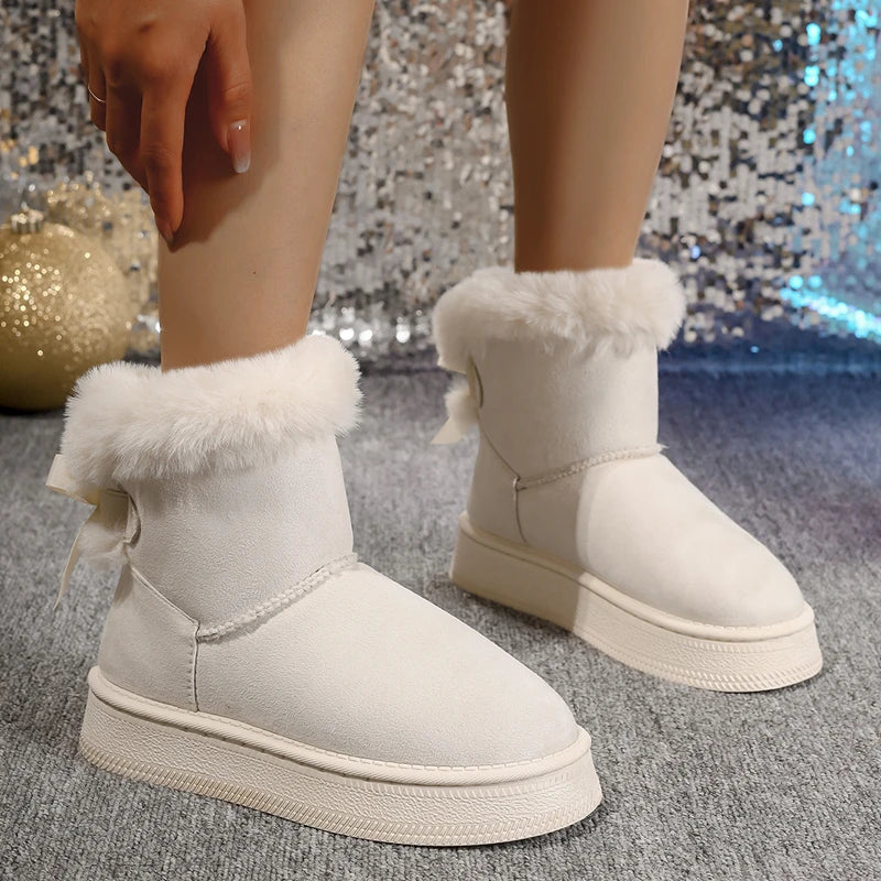 Bellune | Bow Snow Boots for Women – Faux Fur Winter Comfort Fit-Women's Ankle Boots-White-5-Camoufit