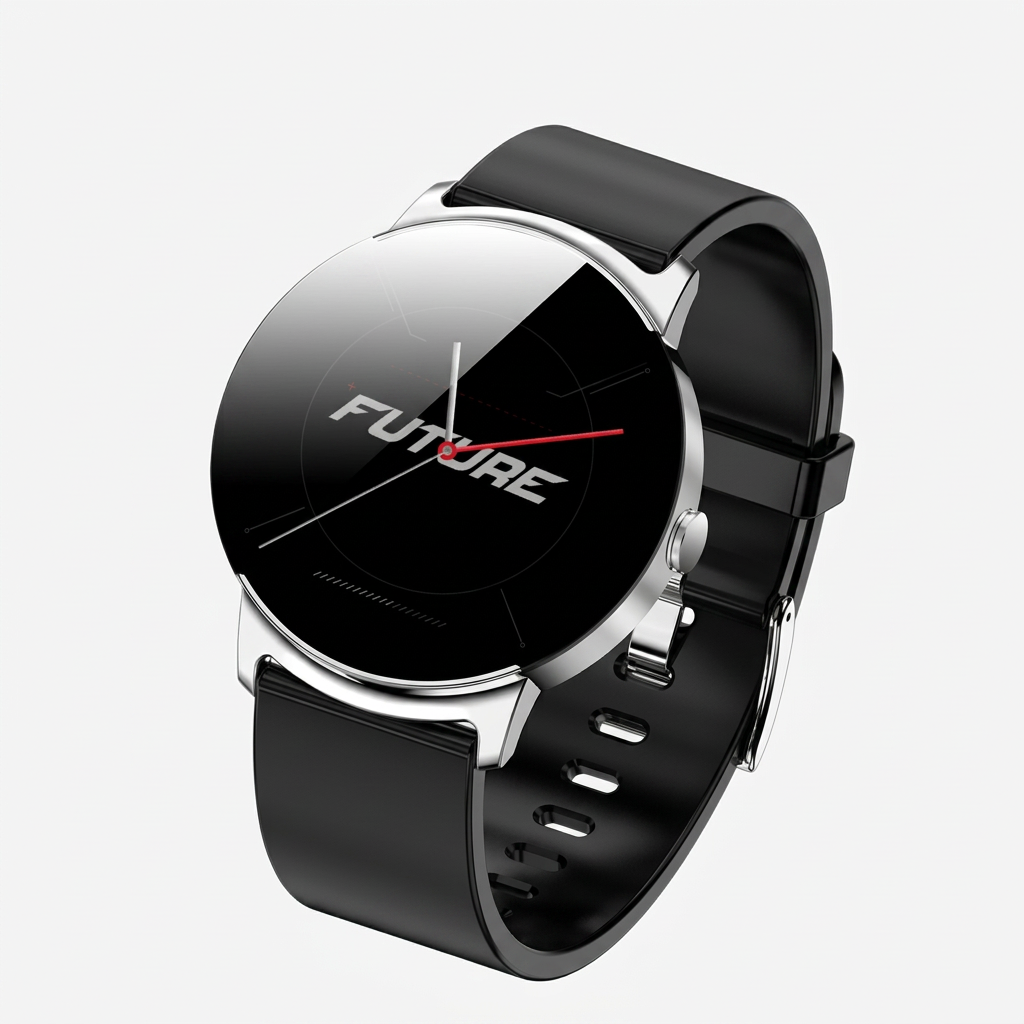 Black fitness smartwatch with silver case and black silicone strap, round display