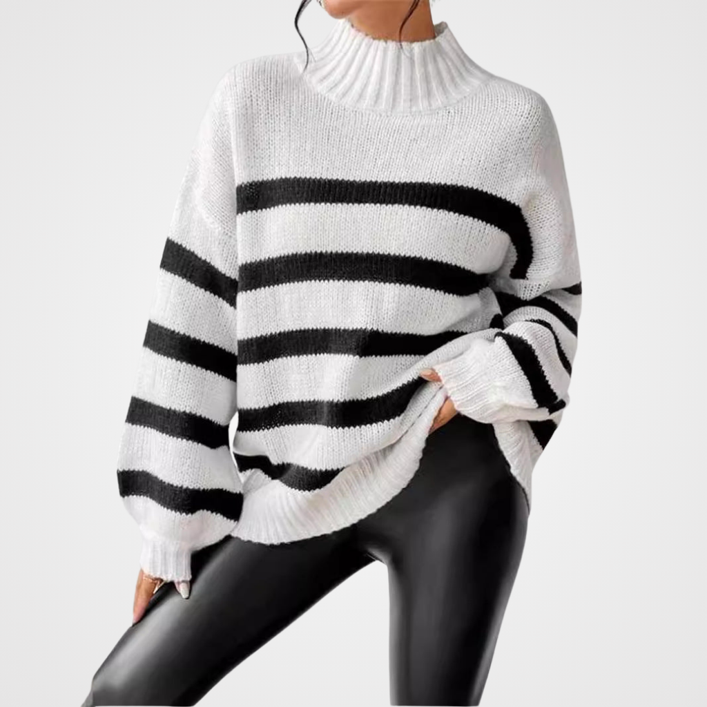 Isana | Women's Striped Knit Sweater - Ribbed Collar Long Sleeve Pullover