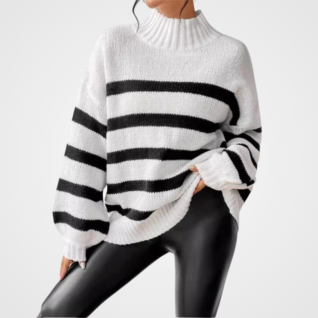 Isana | Women's Striped Knit Sweater - Ribbed Collar Long Sleeve Pullover