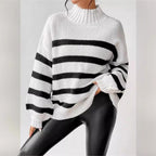 Isana | Women's Striped Knit Sweater - Ribbed Collar Long Sleeve Pullover