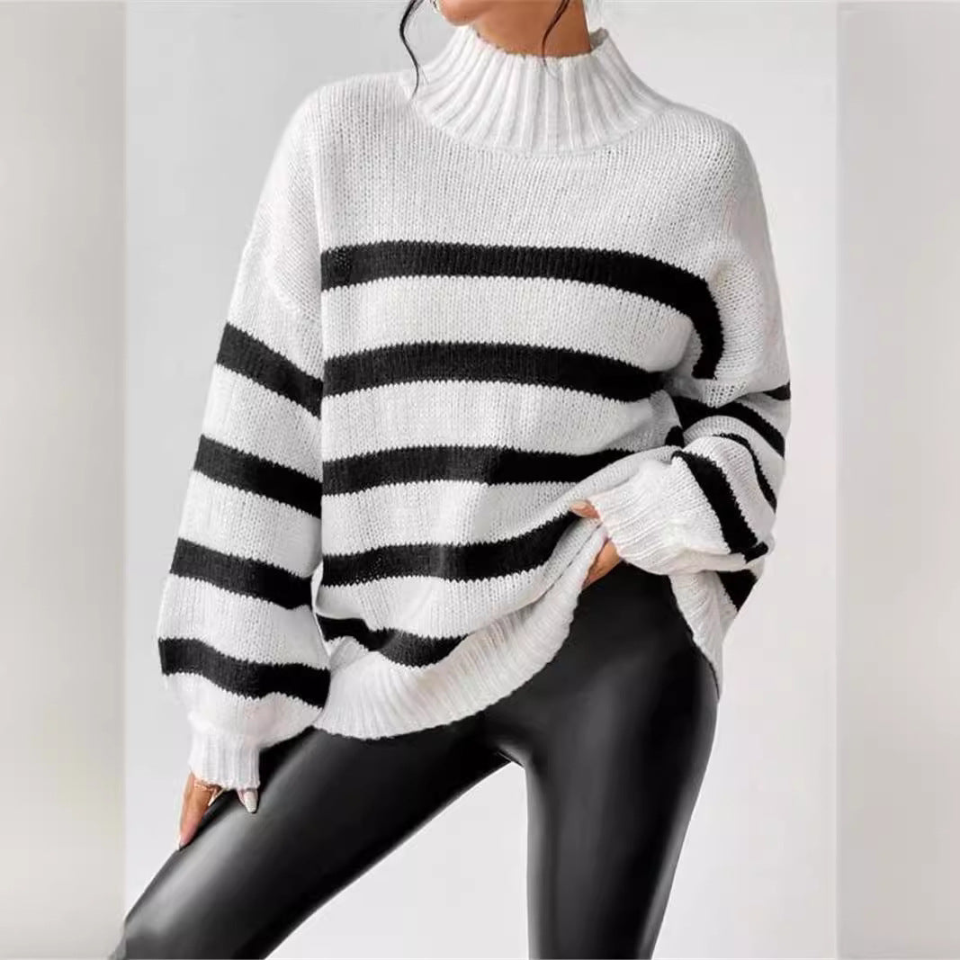 Isana | Women's Striped Knit Sweater - Ribbed Collar Long Sleeve Pullover