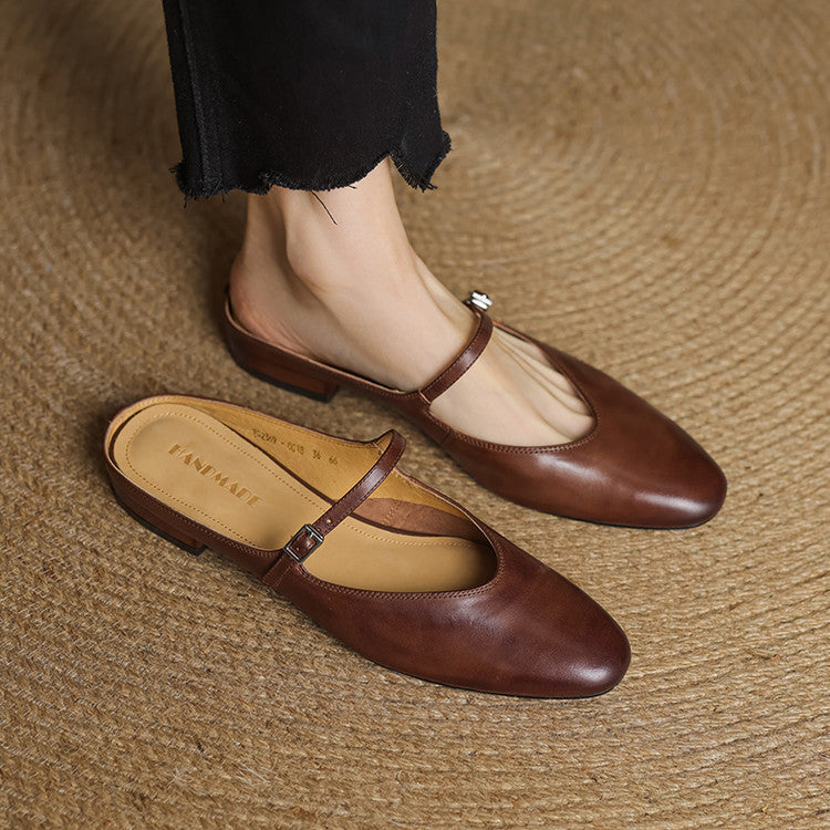 Virelle | Women's Genuine Leather Mary Jane Mules – Cushioned Comfort Fit-Mary Jane Flats-Brown-4-