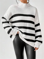 Isana | Women's Striped Knit Sweater - Ribbed Collar Long Sleeve Pullover