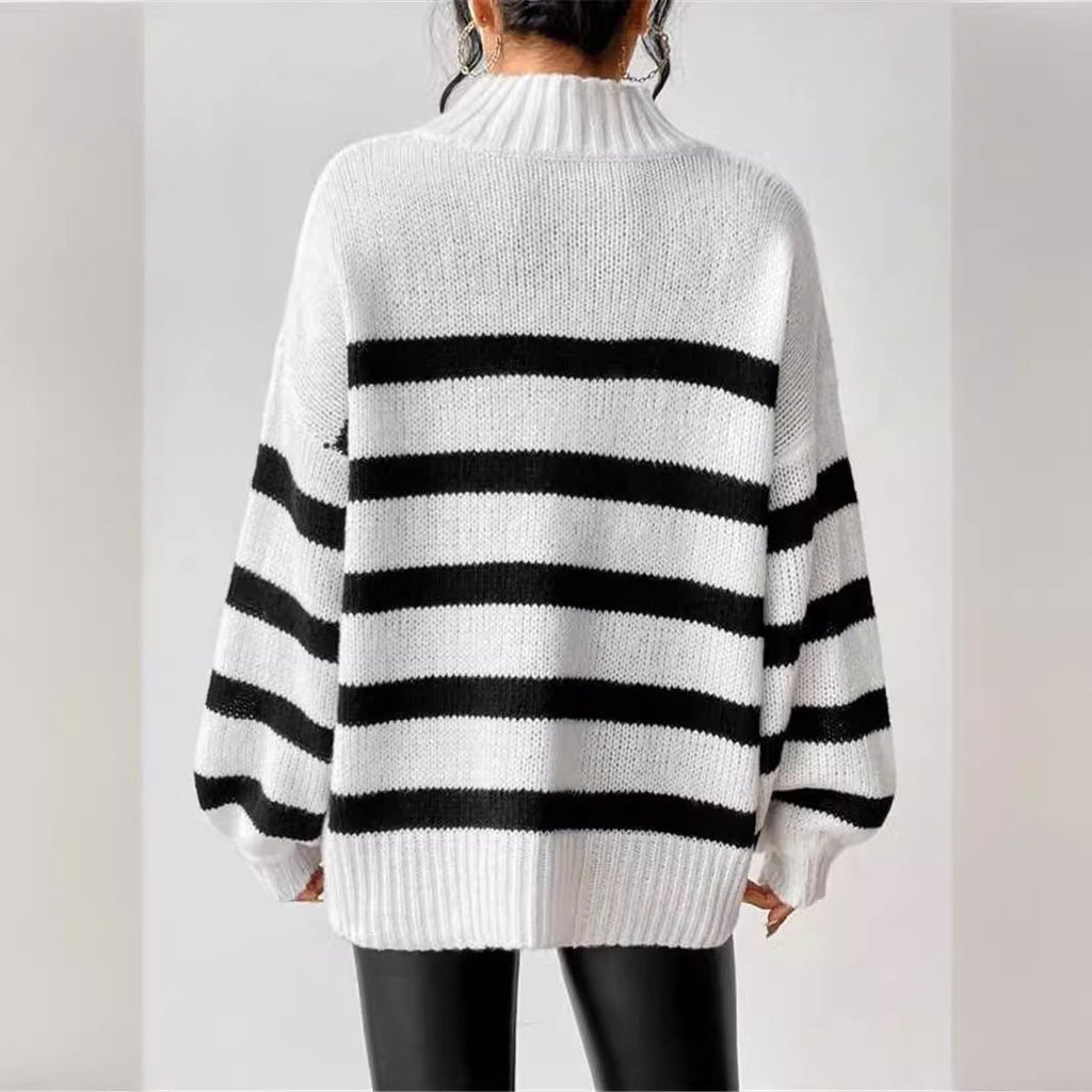 Isana | Women's Striped Knit Sweater - Ribbed Collar Long Sleeve Pullover
