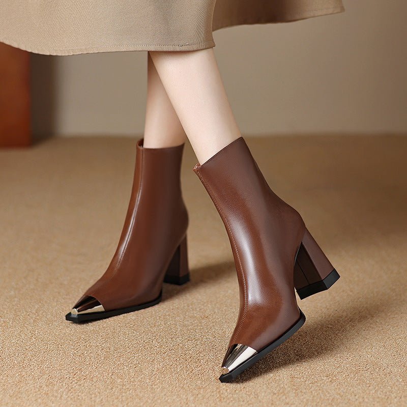 Isana | Boots For Women | Pointed Toe Block Heel Style Brown