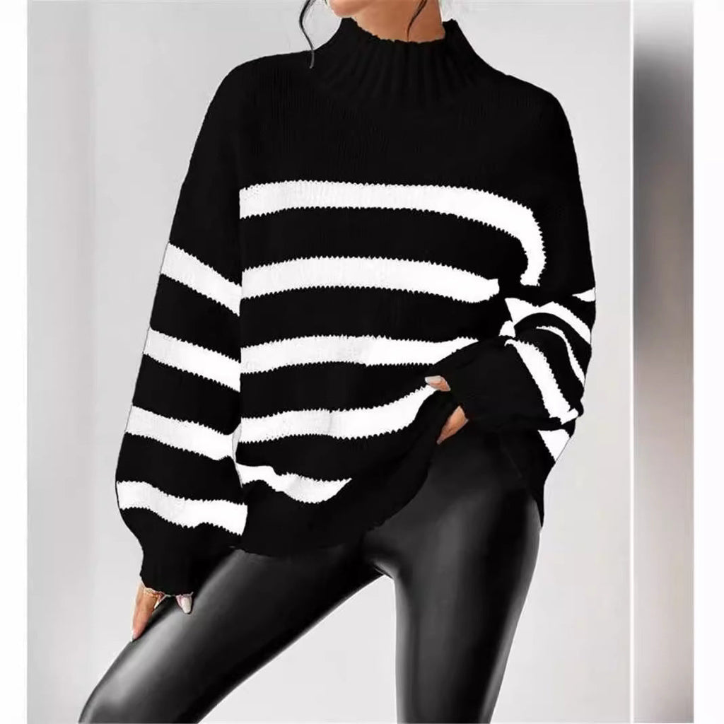 Isana | Women's Striped Knit Sweater - Ribbed Collar Long Sleeve Pullover
