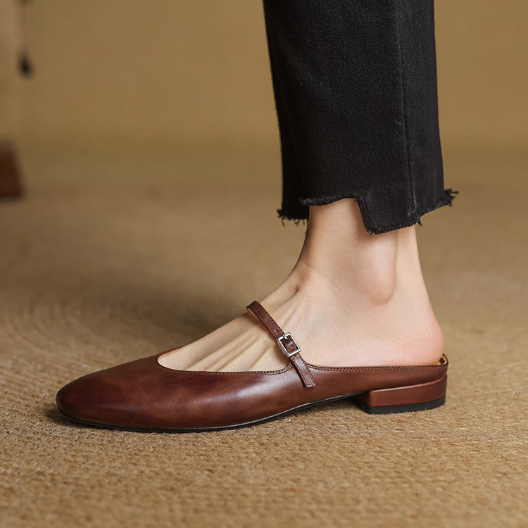 Virelle | Women's Genuine Leather Mary Jane Mules – Cushioned Comfort Fit-Mary Jane Flats-Brown-4-