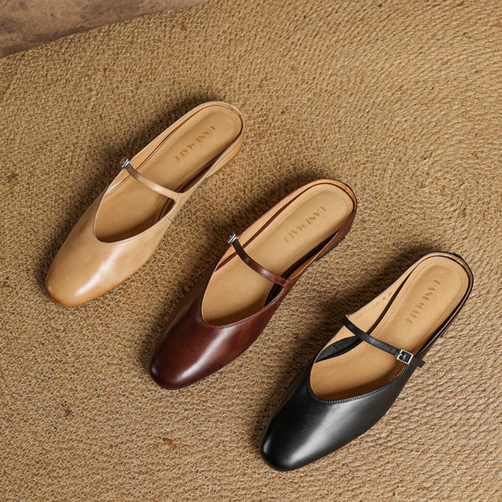 Virelle | Women's Genuine Leather Mary Jane Mules – Cushioned Comfort Fit-Mary Jane Flats-Brown-4-