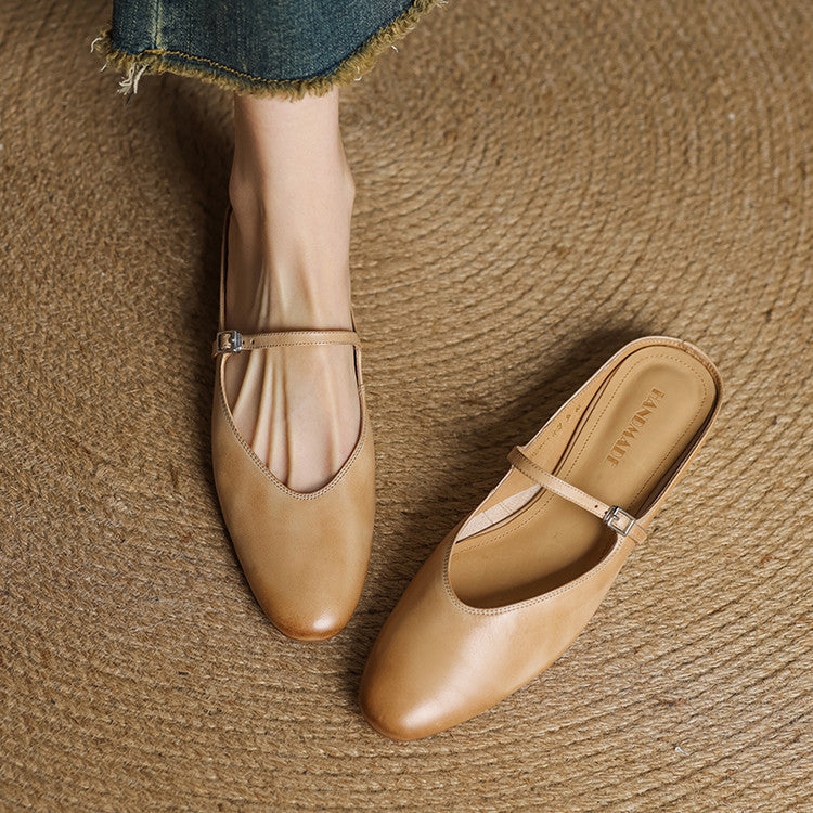 Virelle | Women's Genuine Leather Mary Jane Mules – Cushioned Comfort Fit-Mary Jane Flats-Brown-4-