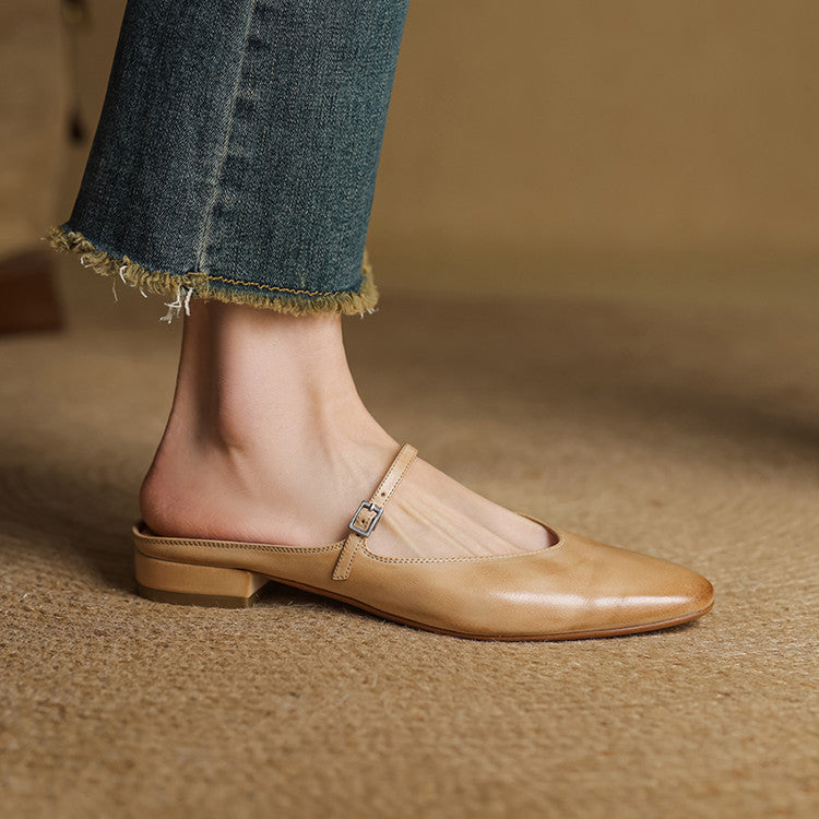 Virelle | Women's Genuine Leather Mary Jane Mules – Cushioned Comfort Fit-Mary Jane Flats-Brown-4-