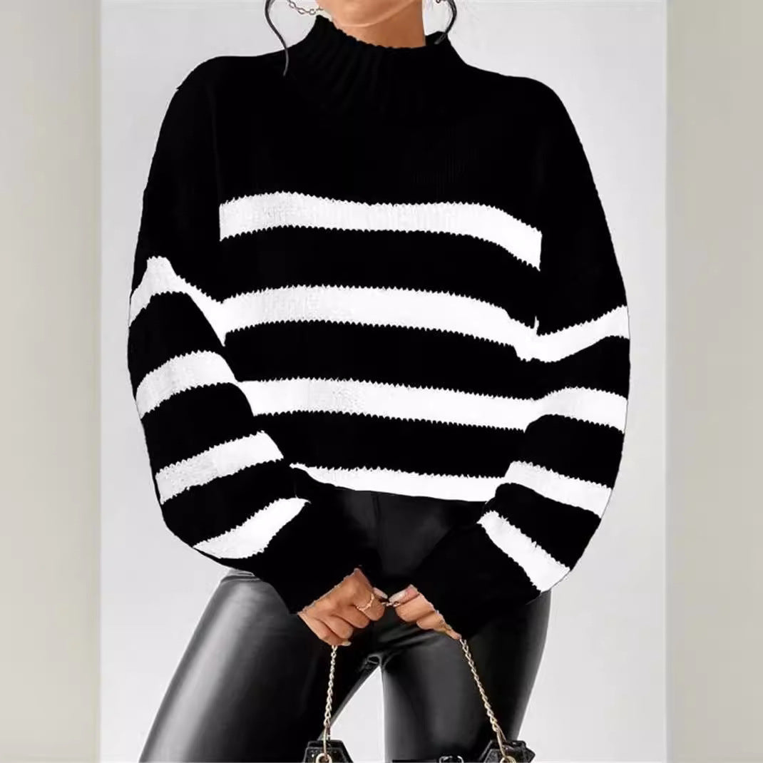 Isana | Women's Striped Knit Sweater - Ribbed Collar Long Sleeve Pullover