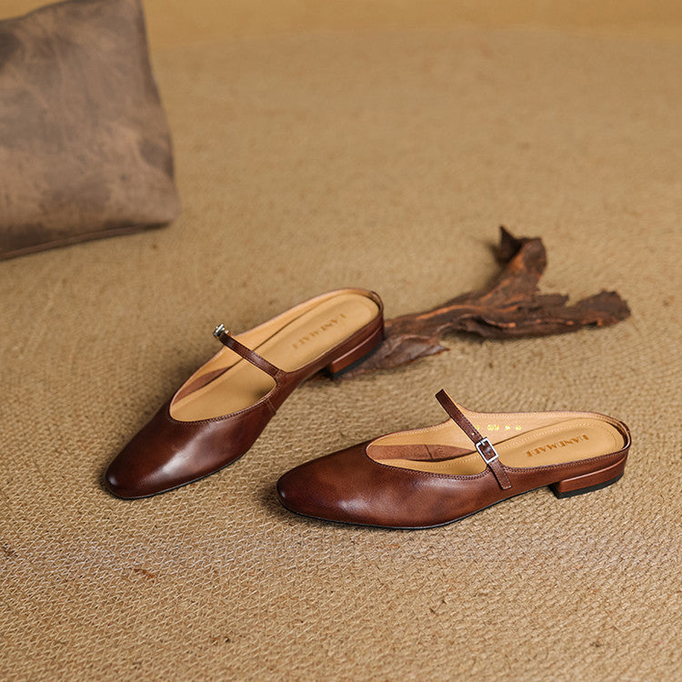 Virelle | Women's Genuine Leather Mary Jane Mules – Cushioned Comfort Fit-Mary Jane Flats-Brown-4-