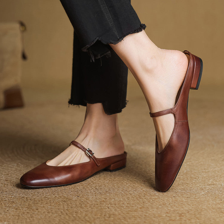 Virelle | Women's Genuine Leather Mary Jane Mules – Cushioned Comfort Fit-Mary Jane Flats-Brown-4-