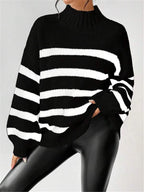 Isana | Women's Striped Knit Sweater - Ribbed Collar Long Sleeve Pullover