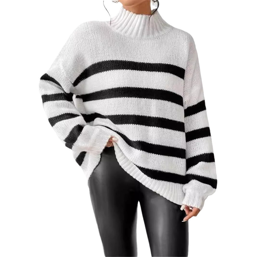 Isana | Women's Striped Knit Sweater - Ribbed Collar Long Sleeve Pullover