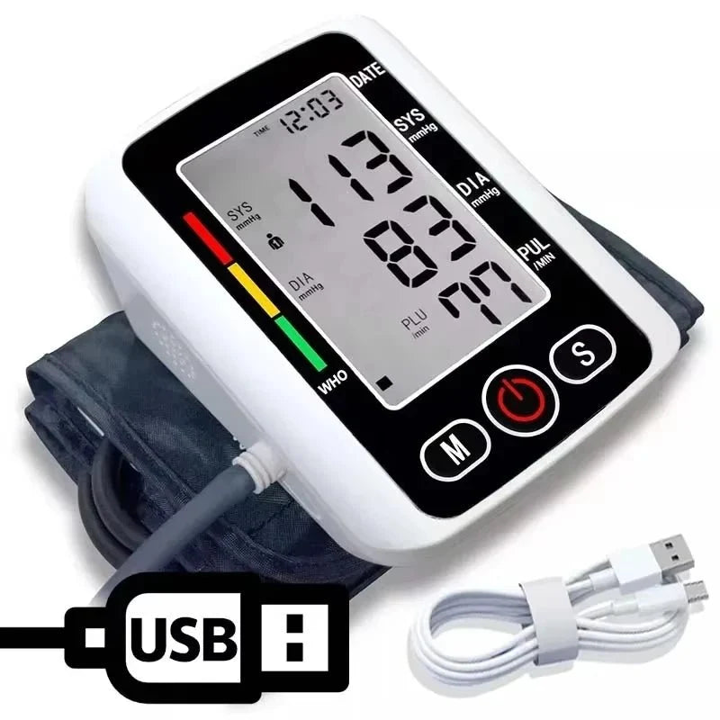 Upper arm blood pressure monitor with cuff, large backlit LCD, and USB cable