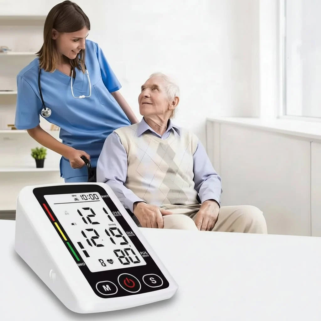 Upper arm blood pressure monitor with large LCD and arm cuff for home use