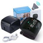 Upper arm blood pressure monitor with cuff, USB cable, and instruction box