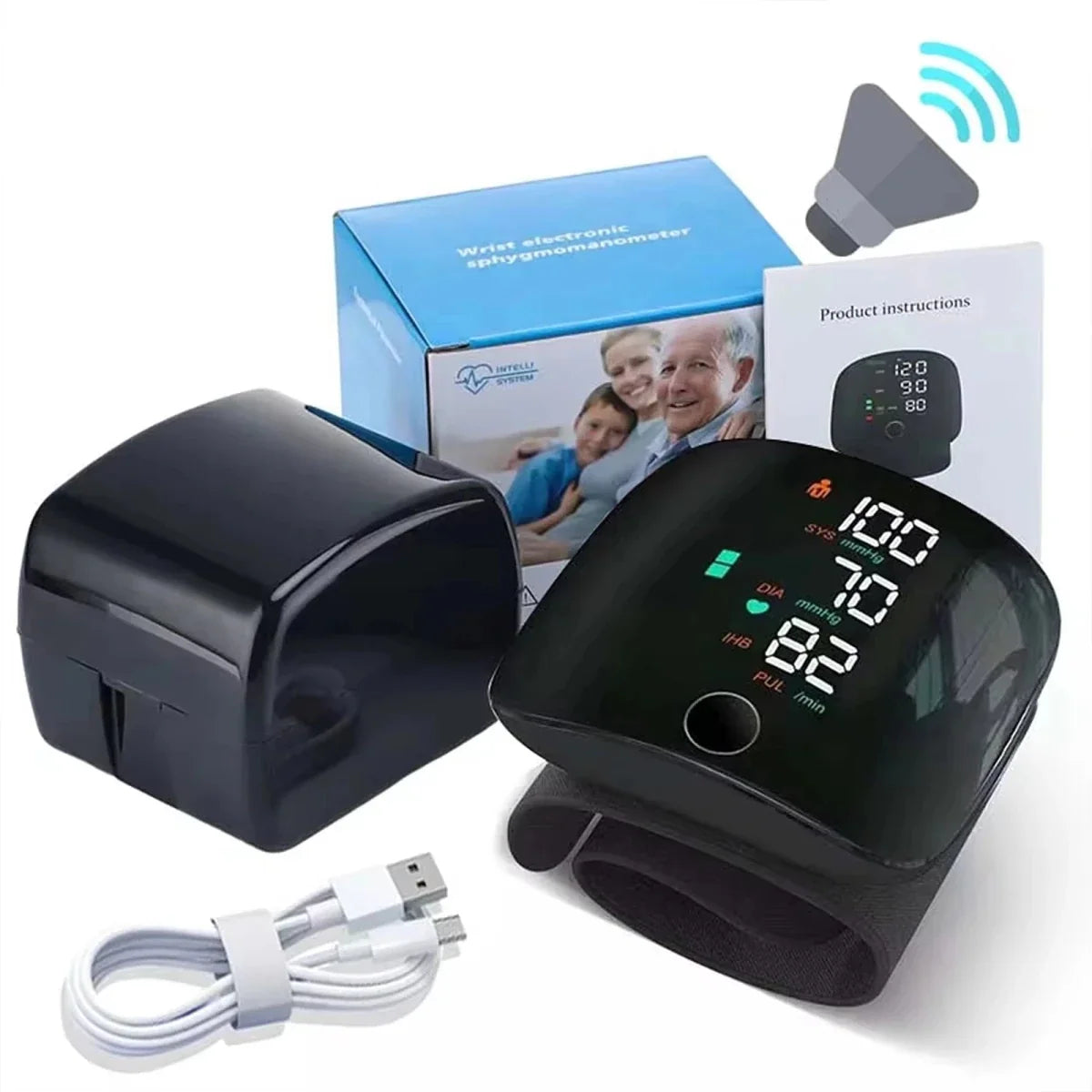 Upper arm blood pressure monitor with cuff, USB cable, and instruction box