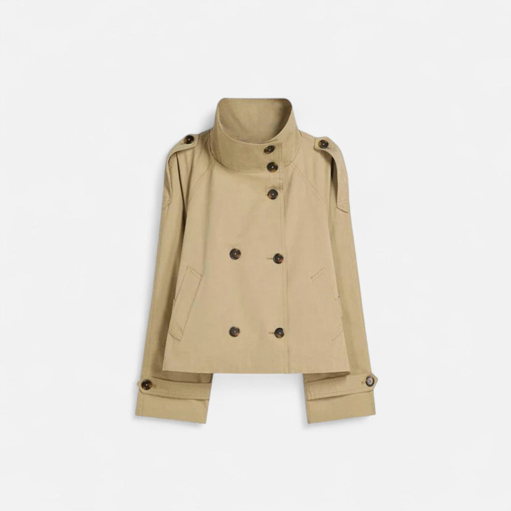 Adeline Women's Short Trench Coat - Belted Double-Breasted Elegant Fit-Women's Trench Coats-Khaki-XS-Camoufit