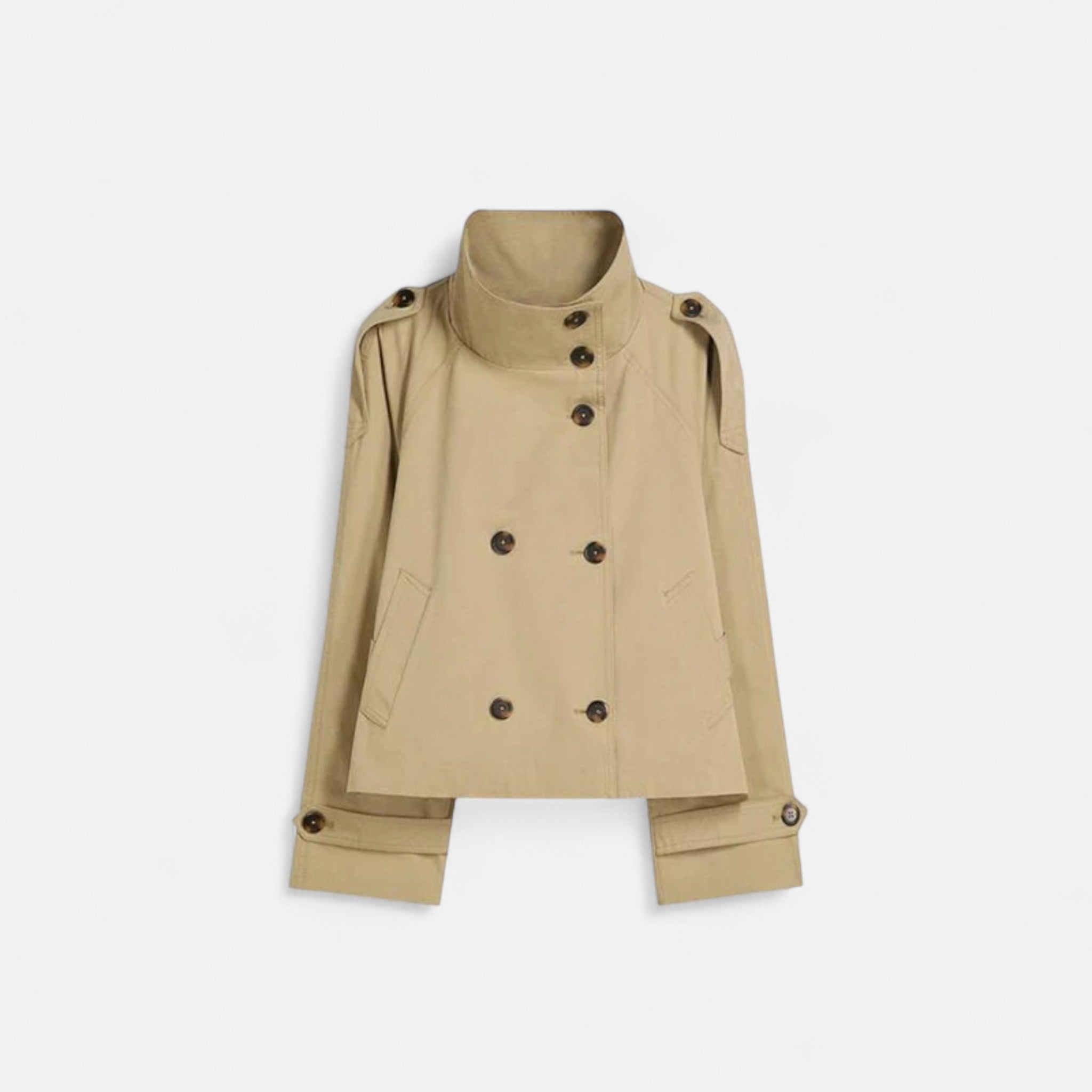 Adeline Women's Short Trench Coat - Belted Double-Breasted Elegant Fit-Women's Trench Coats-Khaki-XS-Camoufit