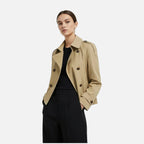 Adeline Women's Short Trench Coat - Belted Double-Breasted Elegant Fit-Women's Trench Coats-Khaki-XS-Camoufit