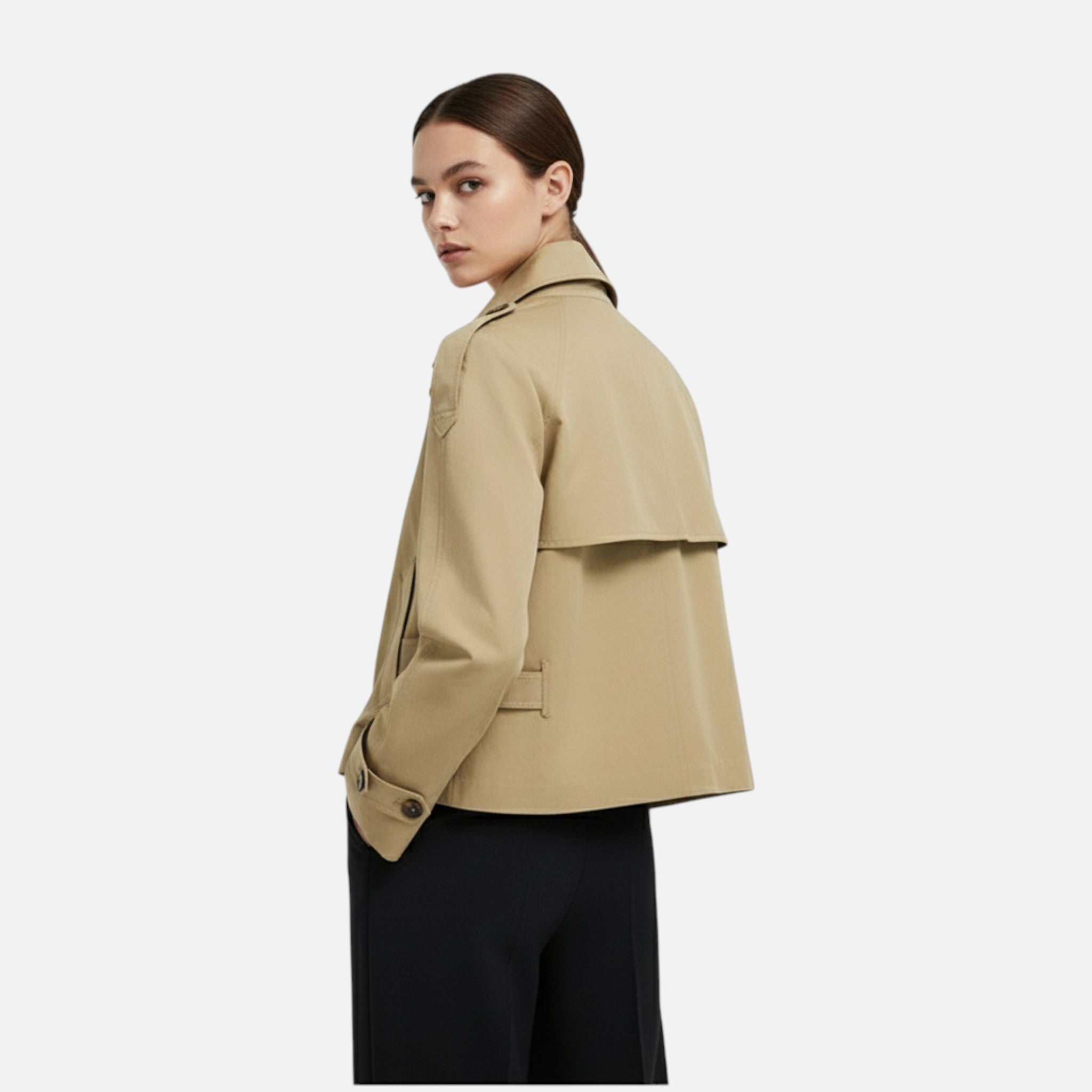 Adeline Women's Short Trench Coat - Belted Double-Breasted Elegant Fit-Women's Trench Coats-Khaki-XS-Camoufit