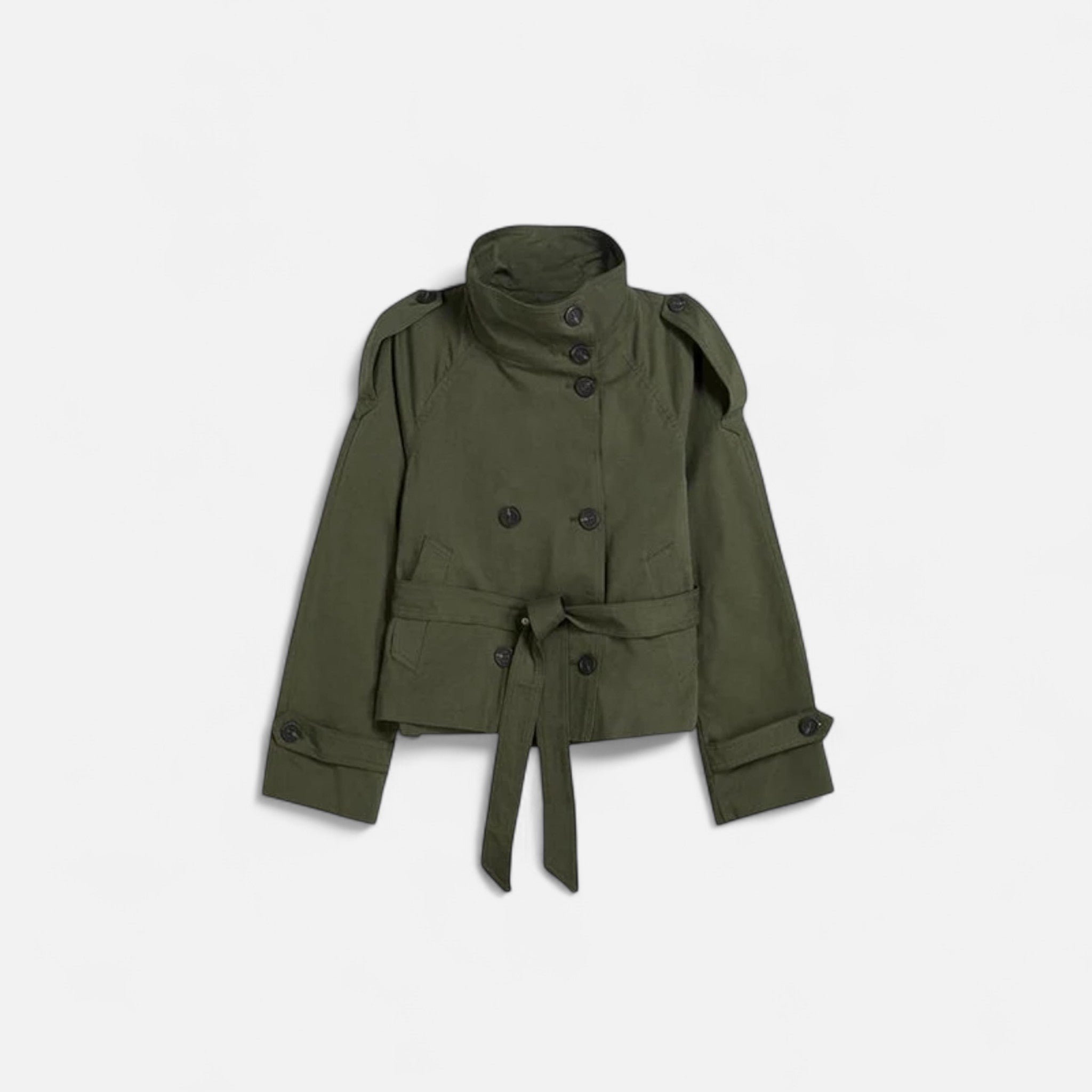 Adeline Women's Short Trench Coat - Belted Double-Breasted Elegant Fit-Women's Trench Coats-Green-XS-Camoufit