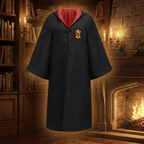 Black wizard robe with red hood lining and small crest badge