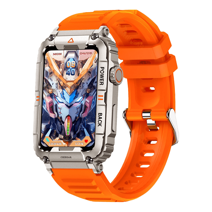 Orange smartwatch with rectangular display and orange silicone sport strap