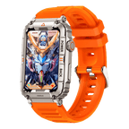 Orange smartwatch with rectangular display and orange silicone sport strap