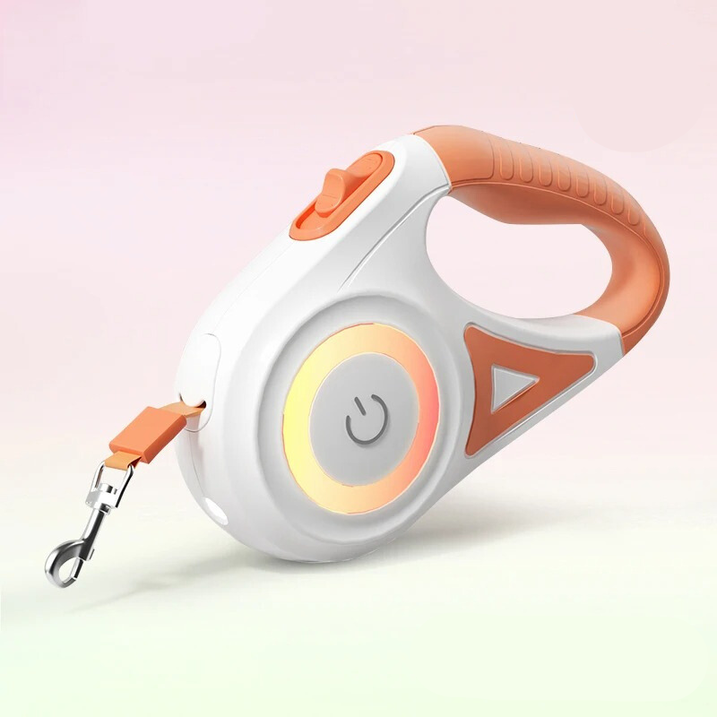 Orange and white light-up dog leash with built-in flashlight, LED glow ring and trigger button