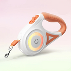 Orange and white light-up dog leash with built-in flashlight, LED glow ring and trigger button