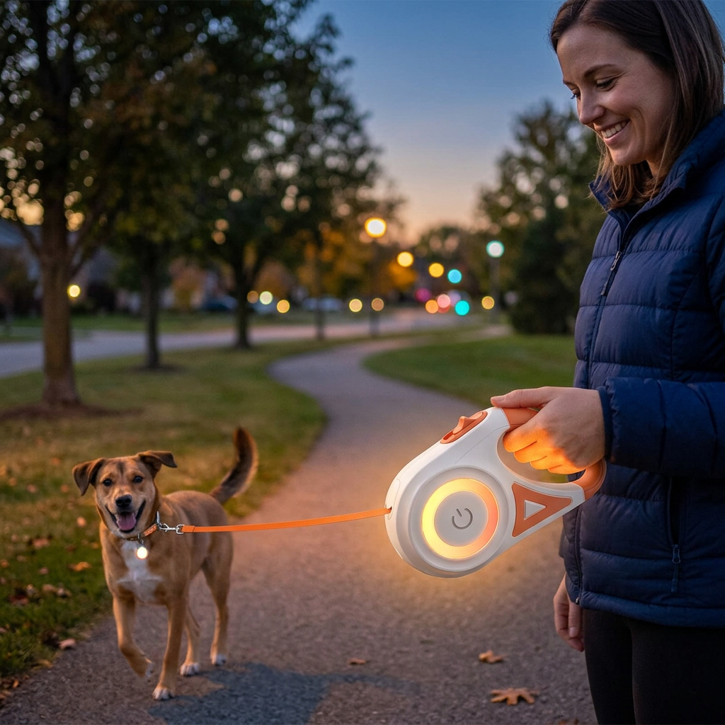 Orange LED dog leash with glowing flashlight handle button