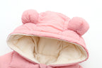 Pink bear-eared hood baby snowsuit with soft beige inner lining visible
