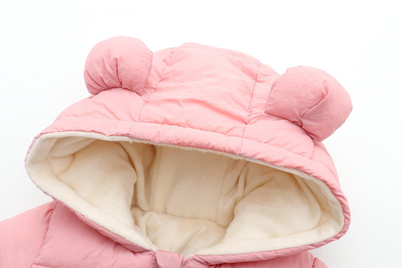 Pink bear-eared hood baby snowsuit with soft beige inner lining visible