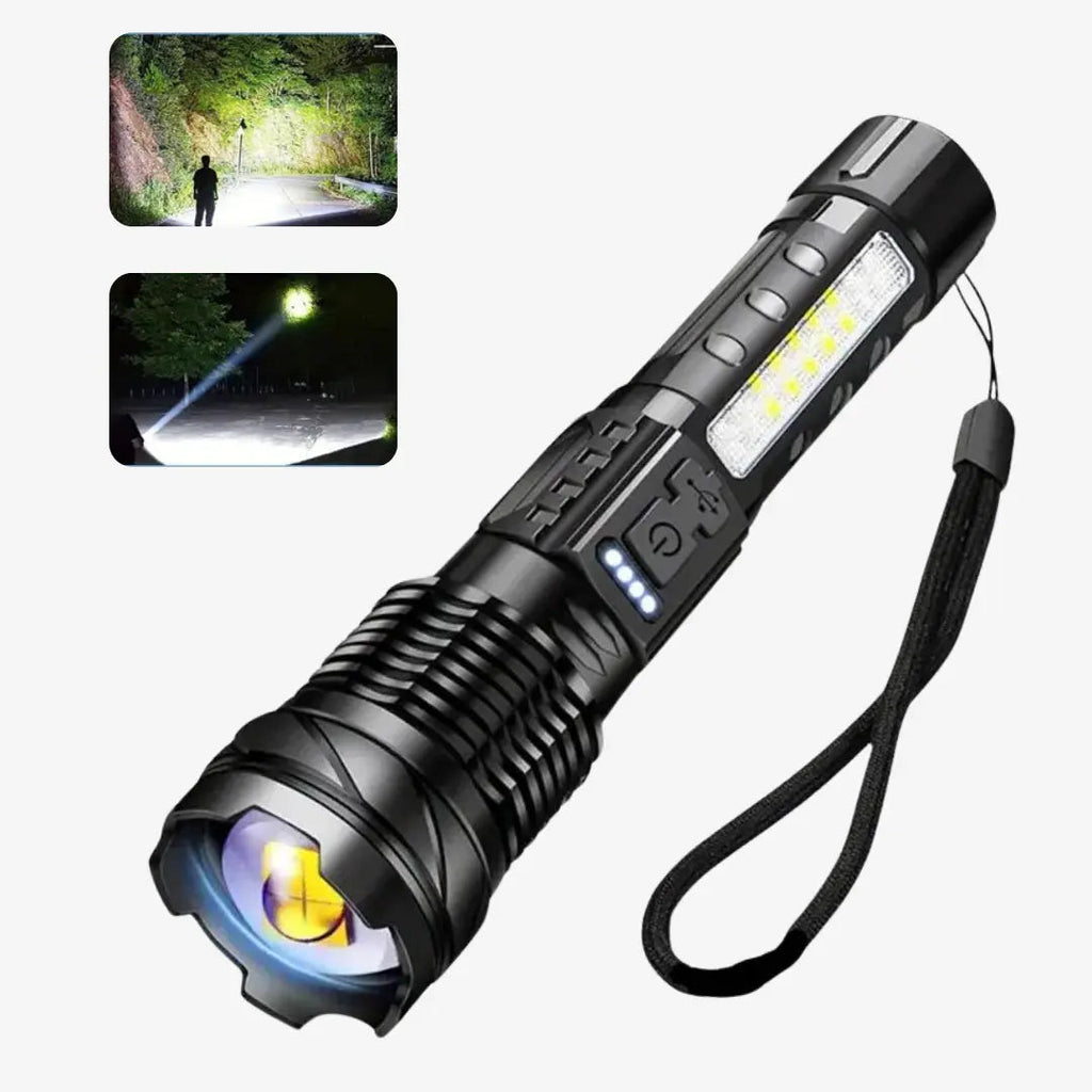 Black tactical flashlight with LED light strip and wrist strap