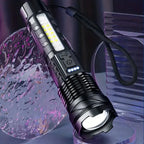 Close-up of black flashlight with bright LED panel and side button