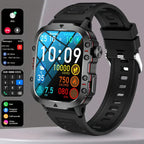 Rugged waterproof smartwatch with black silicone band, time and steps shown on screen