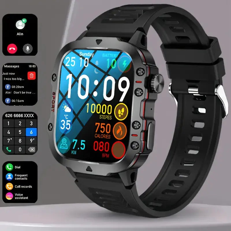 Rugged waterproof smartwatch with black silicone band, time and steps shown on screen