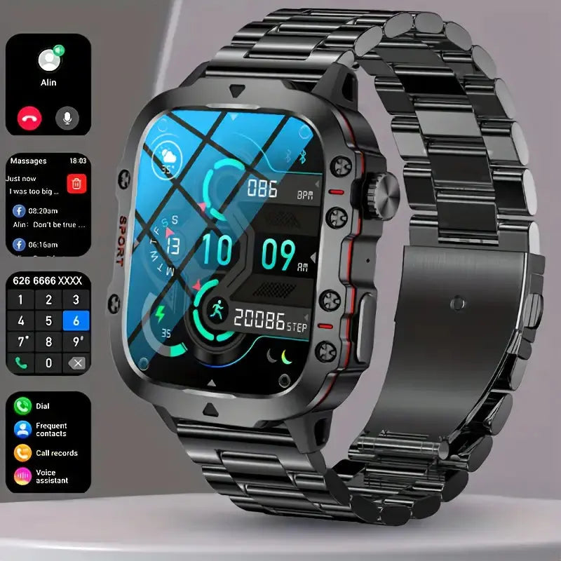 Rugged waterproof smartwatch with steel link band, blue face with activity stats