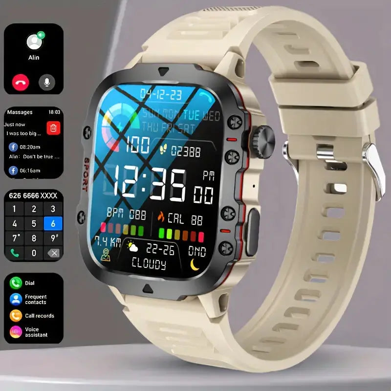Rugged waterproof smartwatch with beige silicone band, fitness and time data on display
