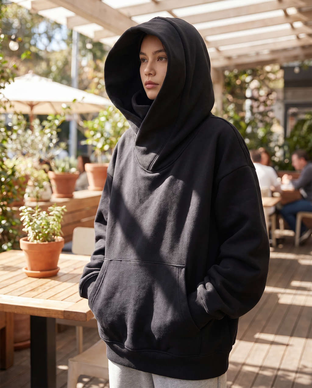 Naïra | Women's Oversized Turtleneck Skivvy Sweatshirt High Volume Hood Dropped Shoulders Cotton-Women's Hoodie-Black-M-