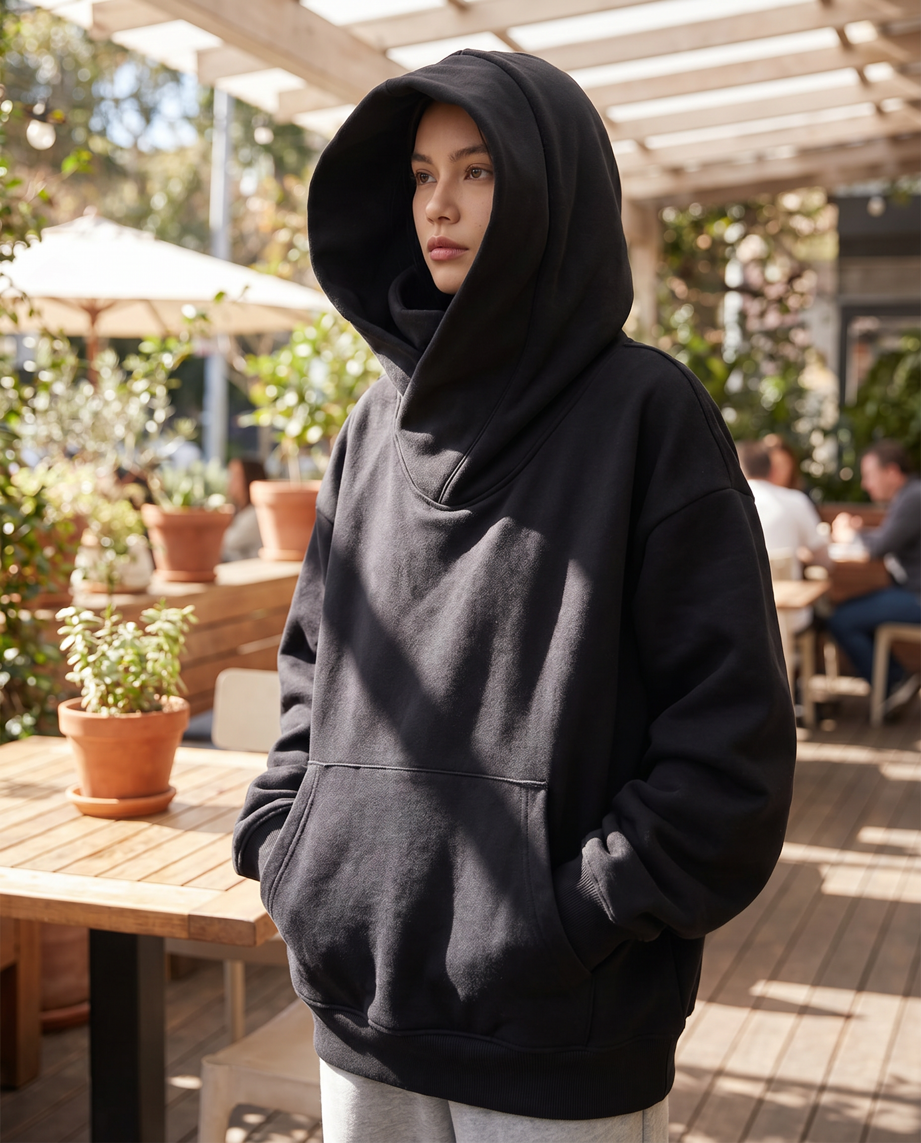 Naïra | Women's Oversized Turtleneck Skivvy Sweatshirt High Volume Hood Dropped Shoulders Cotton-Women's Hoodie-Black-M-