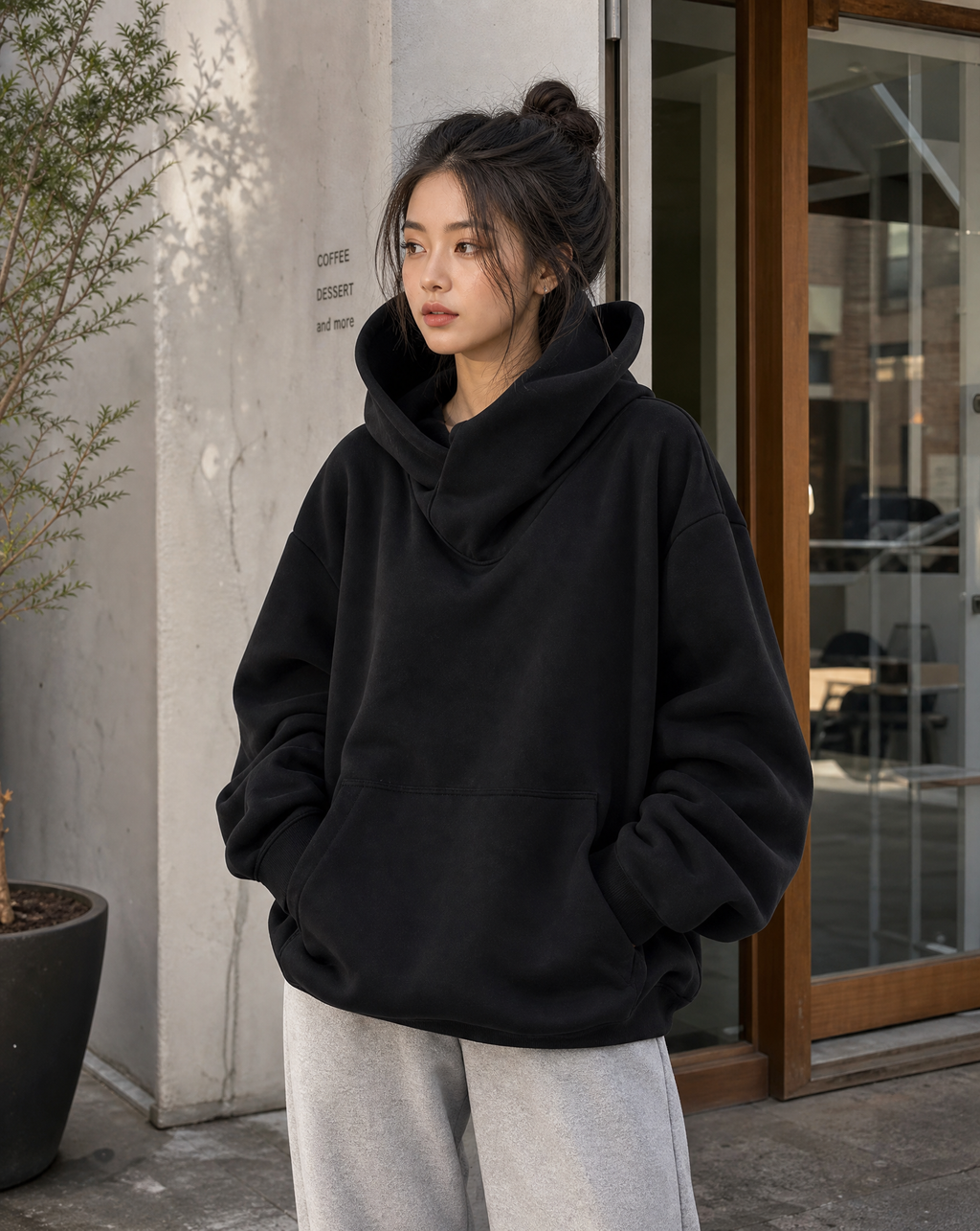 Naïra | Women's Oversized Turtleneck Skivvy Sweatshirt High Volume Hood Dropped Shoulders Cotton-Women's Hoodie-Black-M-